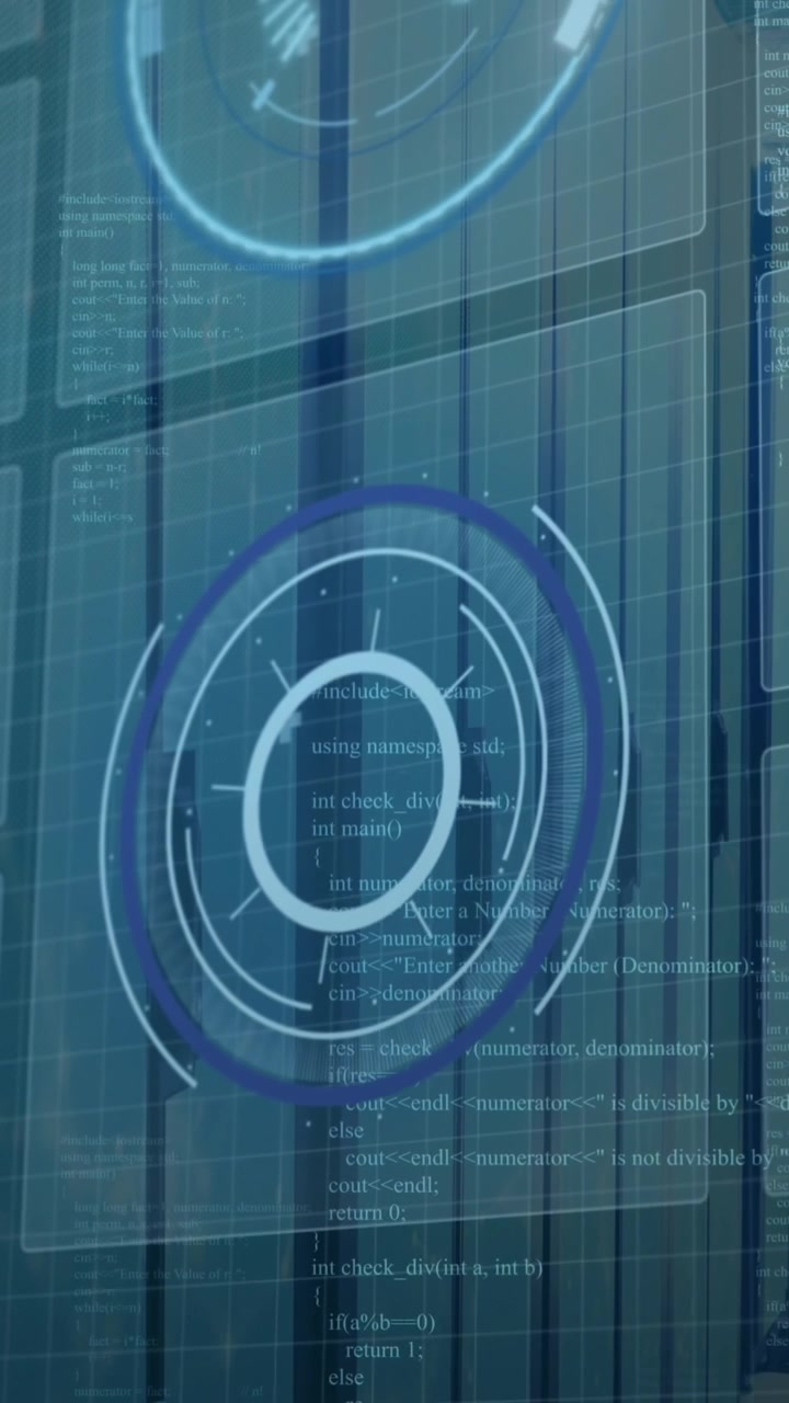 Animation of digital interface with data processing against computer server room