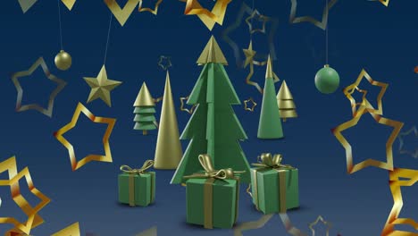 animation of christmas trees and decorations on blue background