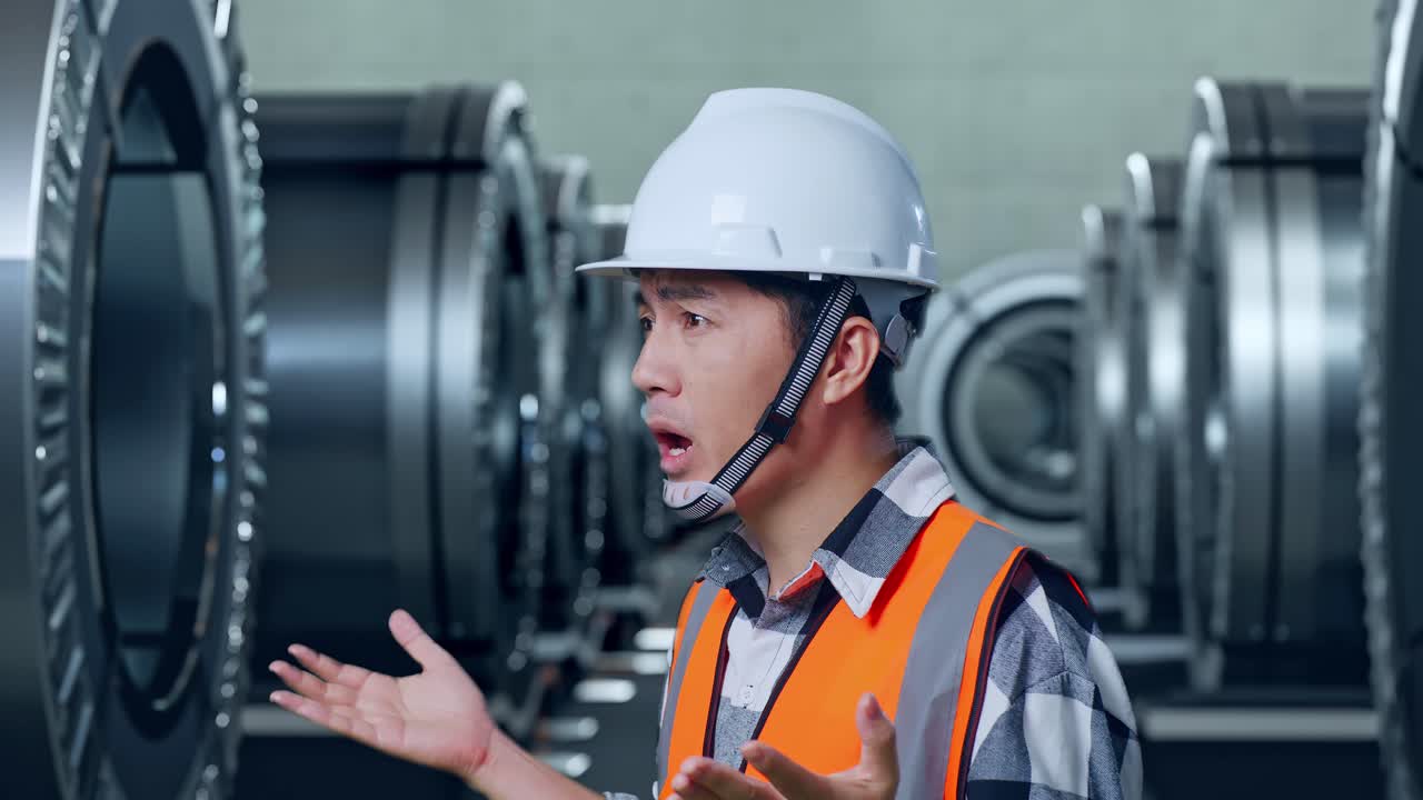 안전 헬을 입은 아시아 남성 엔지니어가 금속 공장에서 의심스럽게 일하는 이유를 말합니다.