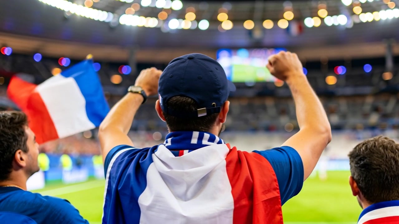 Un tifoso esultante in primo piano alza i pugni allo stadio dopo un'azione in campo, sventolando bandiere tricolori e una sciarpa.