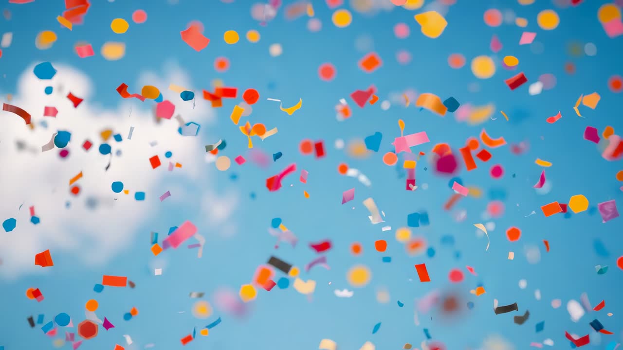 Falling colorful confetti drifting across clear blue sky from party launch, cloud at left hidden