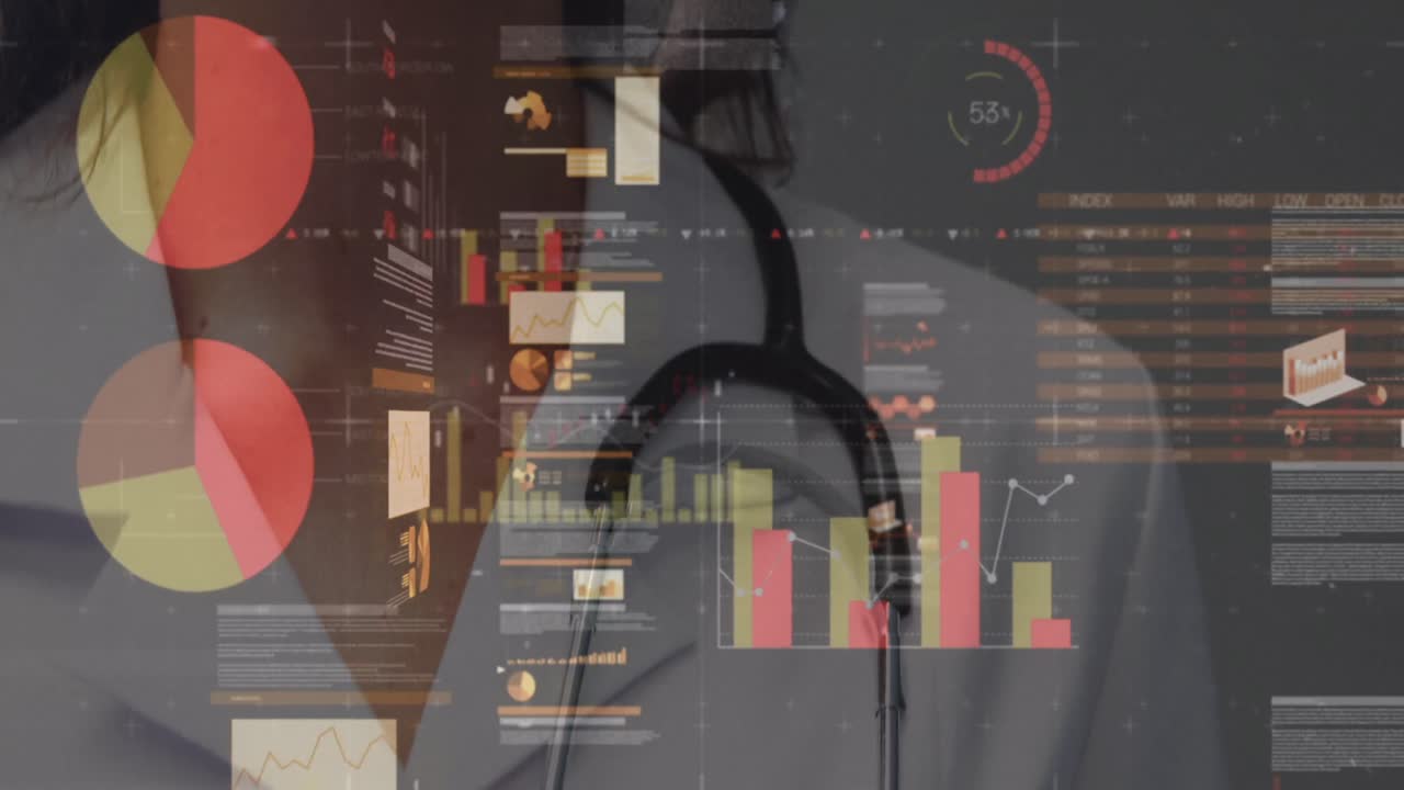 Animation of digital interface screen with graphs and data over smiling female caucasian doctor