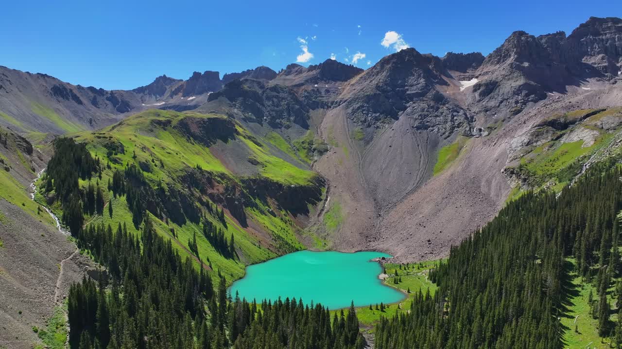Sunny morning summer Lower Blue Lake Mount Sneffels Wilderness beautiful Ridgway Telluride Colorado aerial drone San Juan Rocky Mountains Uncompahgre National Forest Dallas Range blue sky circle right