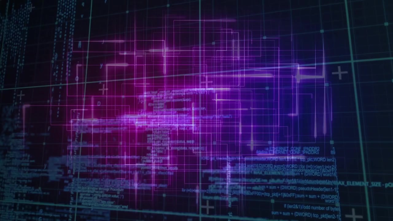 Animation of glowing data processing with markers over grid