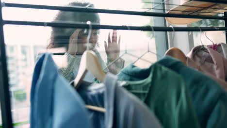 woman, window shopping and thinking at boutique