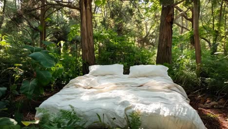 a bed in the middle of a lush green forest