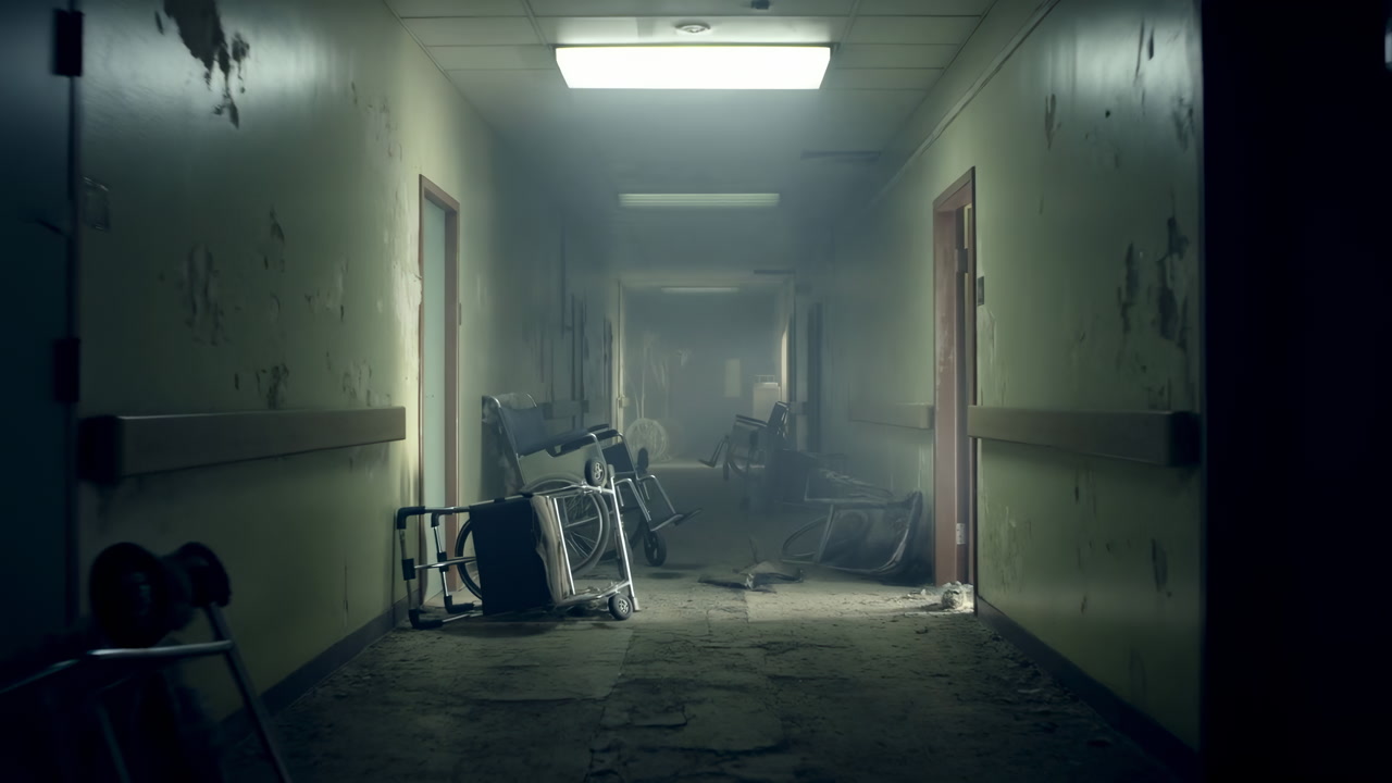 Abandoned Hospital Corridor With Wheelchairs, Dim Fluorescent Lights, Peeling Paint, Scattered Debris, Foggy