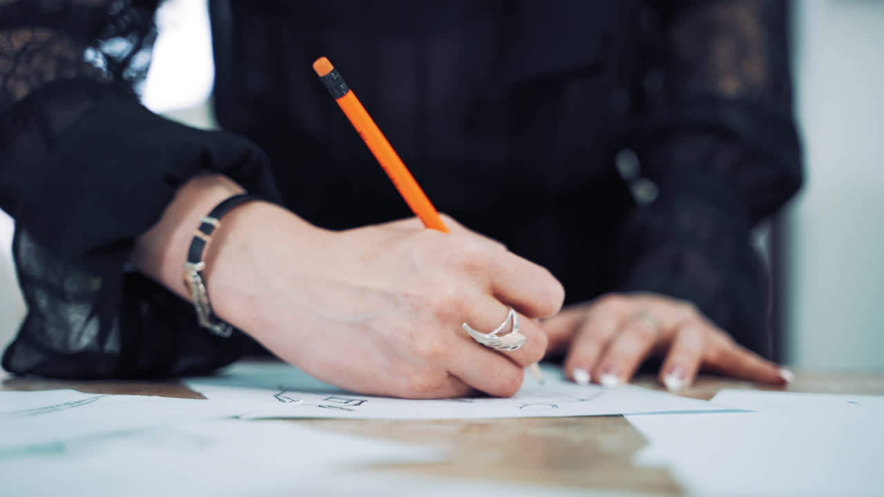 Hands of a professional tailor is drawing a sketch with a sharp pencil on a table. Dressmaker is making a creative design of a dress on a sheet of paper in her workplace.