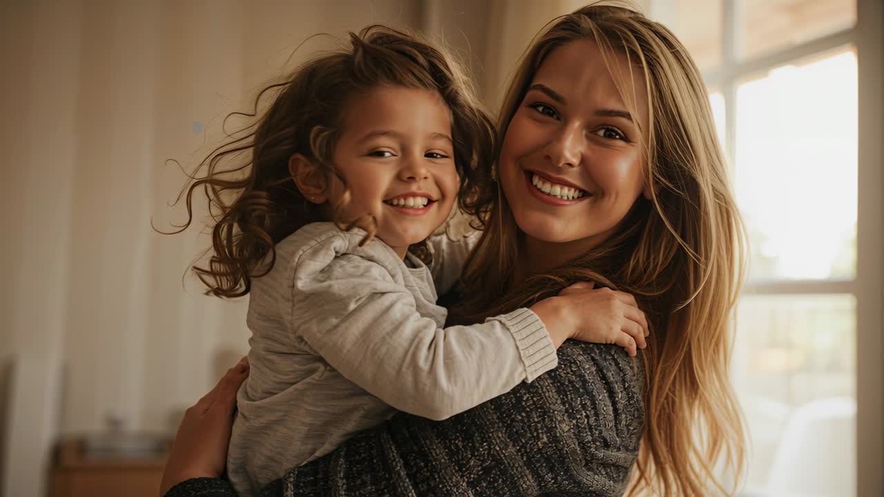 Mutter, die ihre Tochter am Sprossenfenster zu Hause im Strickpullover hält, sich zur Kamera dreht und Zuneigung zeigt.