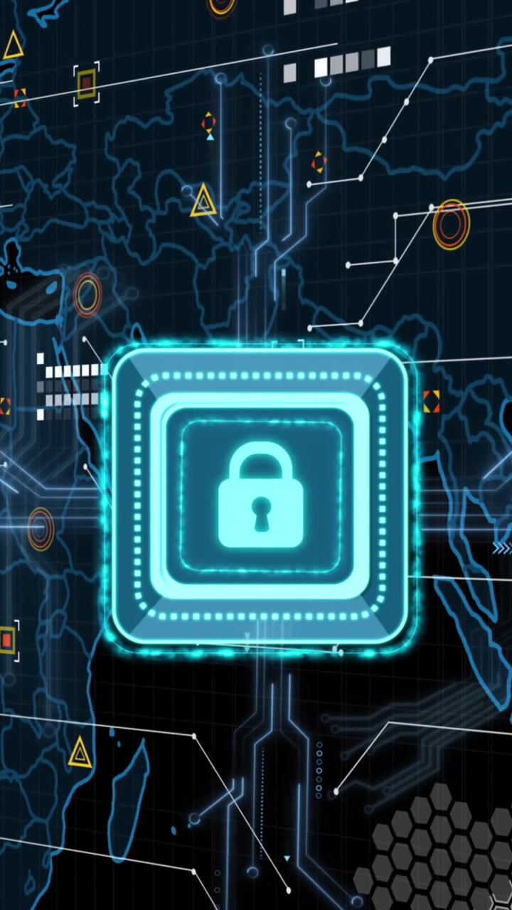 Animation of online security padlock, data processing and markers over world map