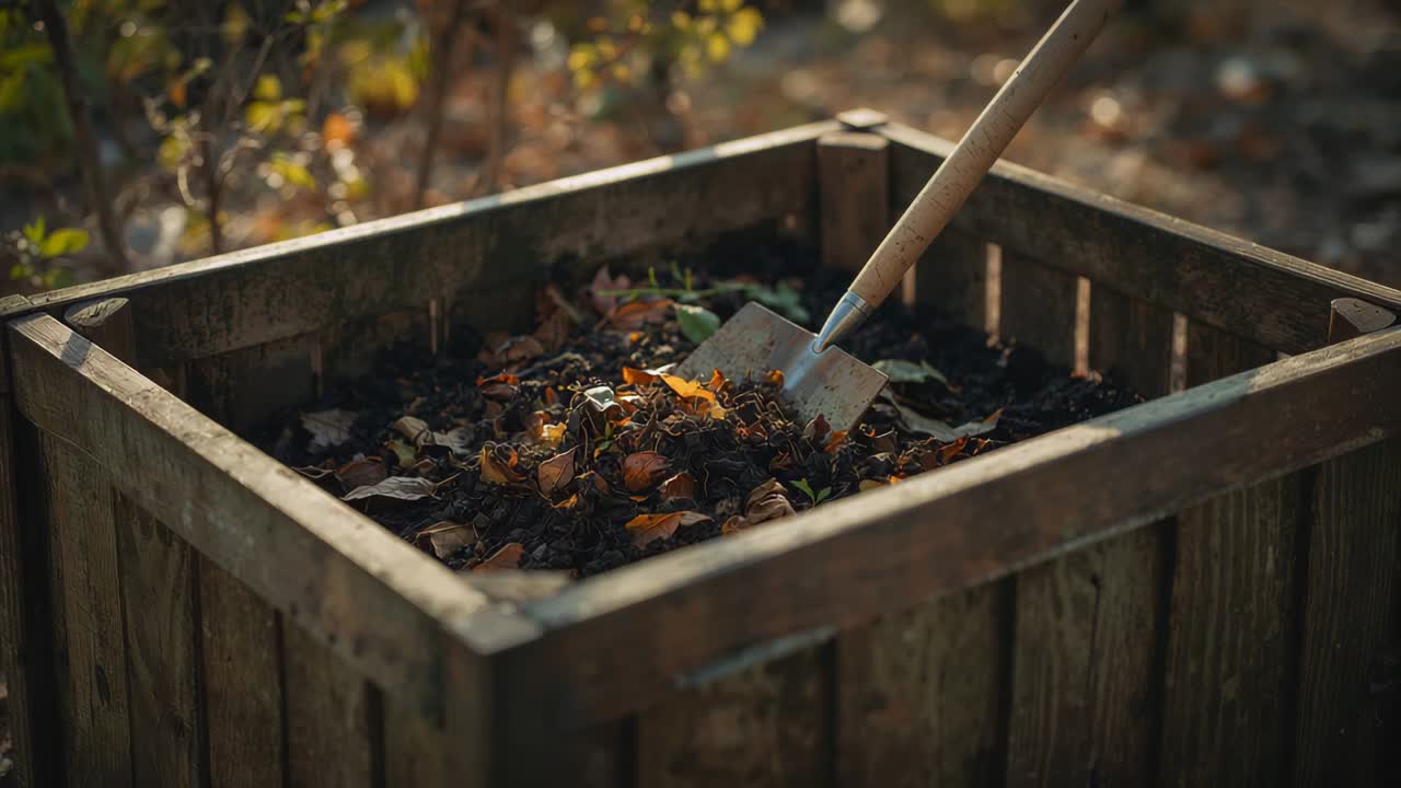 Spinta di una vanga appoggiata su una pila in un contenitore di compostaggio in legno in giardino, arieggiando ed esponendo il compost scuro