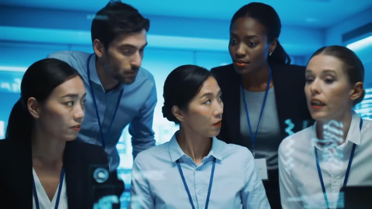 A Diverse Team Analyzing Data on Transparent Screens in a Modern Office Environment, Showcasing Collaboration and Critical Thinking in Technology and Business Analysis