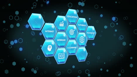 animation of hexagons with icons and texts over shapes on black background