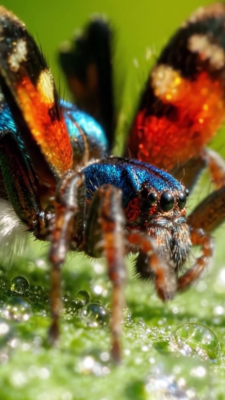 Un primo piano mozzafiato di un ragno saltatore colorato che mostra i suoi motivi vivaci, con sfumature metalliche e dettagli fini su una superficie vegetale bagnata di rugiada.