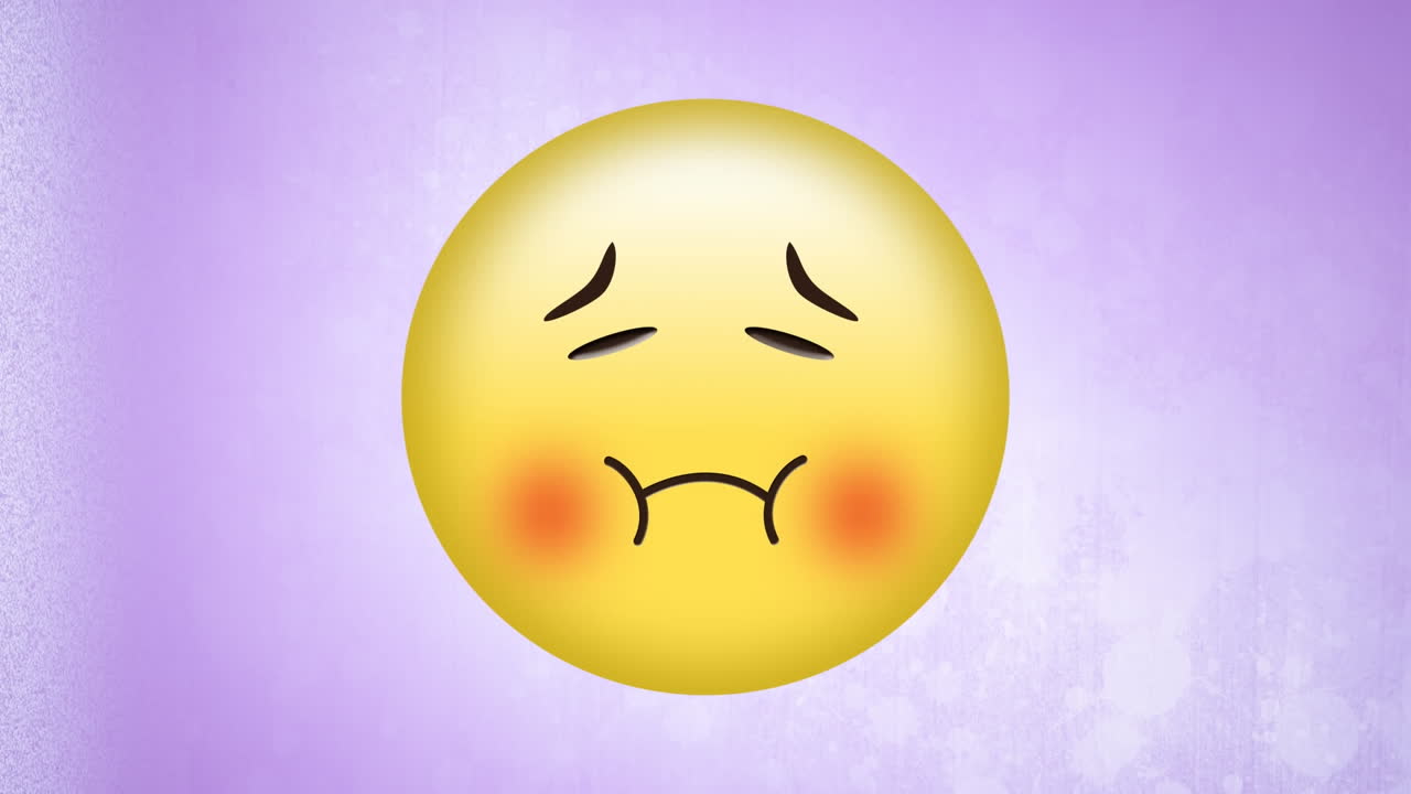 빨간색 콘페티의 애니메이션이 라일락색 배경에 슬픈 당황한 이모지 위에서 날아갑니다.