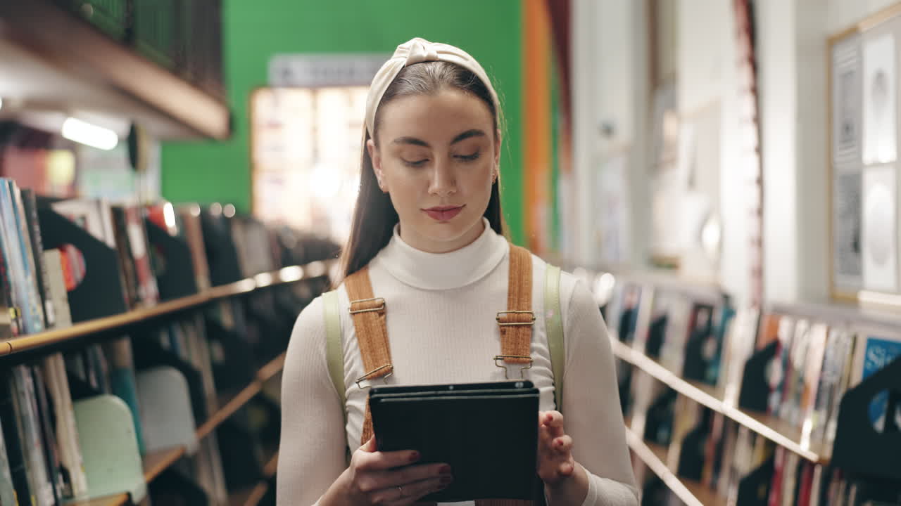 una mujer joven estudiando en una biblioteca.
