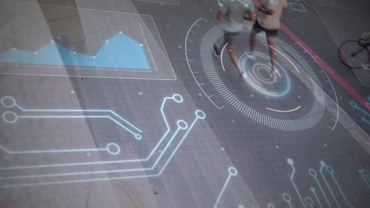 Projected HUD ring, chart staying static while people, cyclist crossing, woman centering for tech