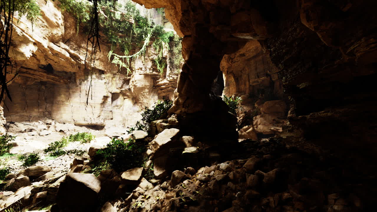 Lush cave interior showcasing sunlight filtering through rocky formations
