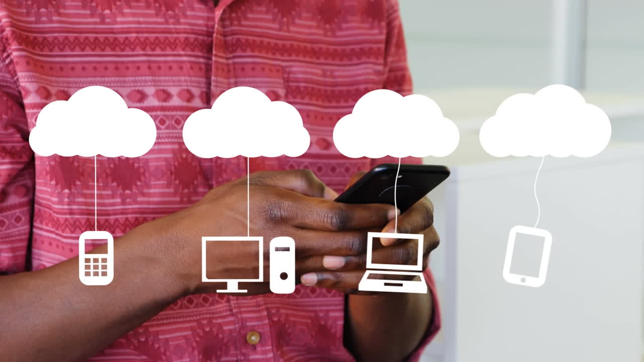 Animation of network of digital clouds and icons over man using smartphone in office