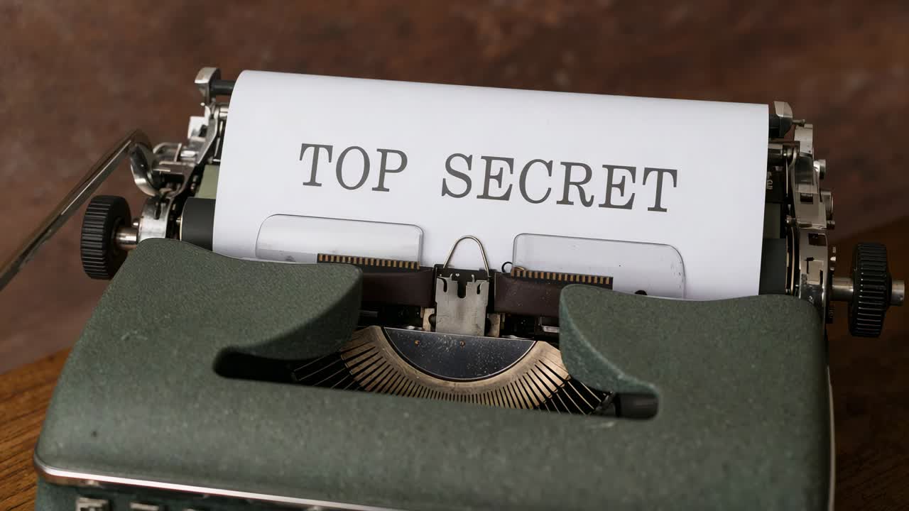 Moving olive typewriter feeding sheet up on wood table after carriage clicking with TOP SECRET