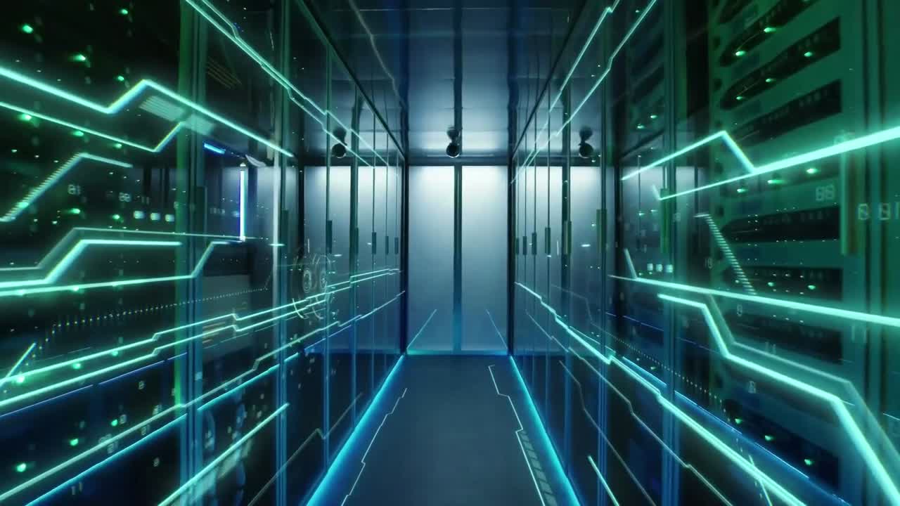 animación que representa una moderna sala de servidores de computadoras