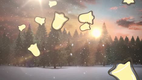 animación de múltiples iconos de campanas que caen sobre el paisaje de invierno