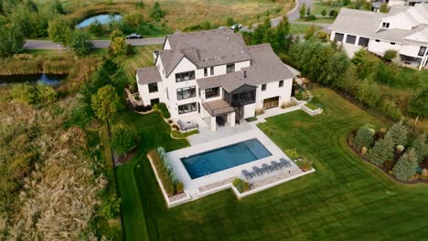 luxury modern home with pool and backyard - aerial view