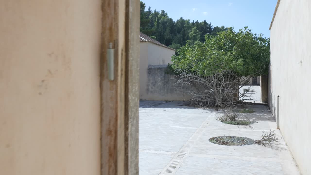 Abandoned Courtyard with Old Buildings and Trees