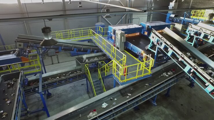 Aerial top down shot of trash,garbage and rubbish on conveyor belt sorting in recycling factory