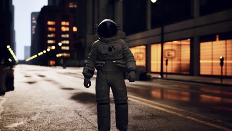 astronauta en una calle húmeda de la ciudad por la noche