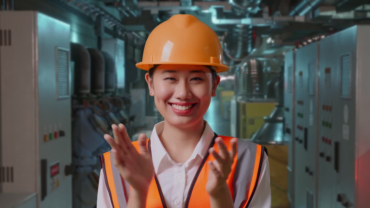 공장에서 행복한 여성 엔지니어
