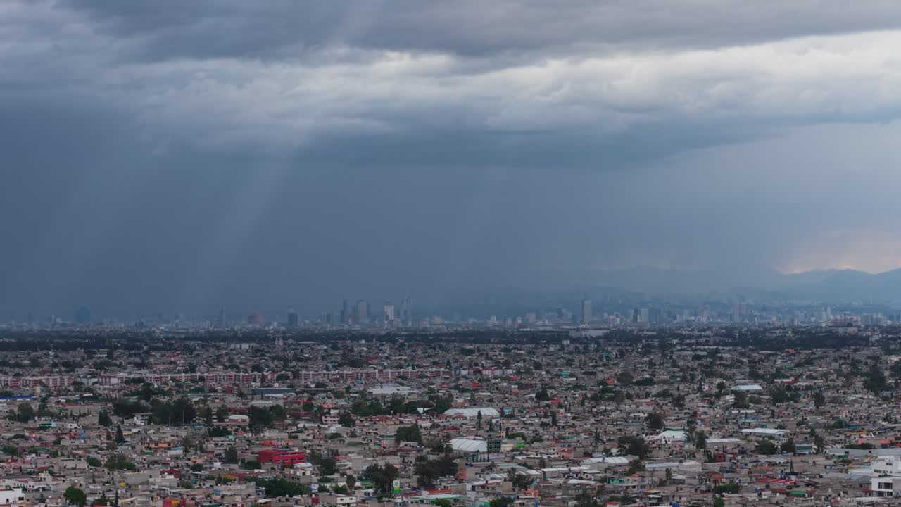 Overhead footage of torrential rain over Mexico City during wet season