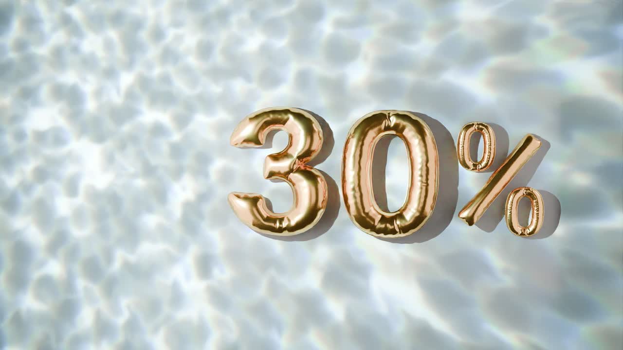 30% dorado flotando por encima de las ondas de agua en fondo blanco