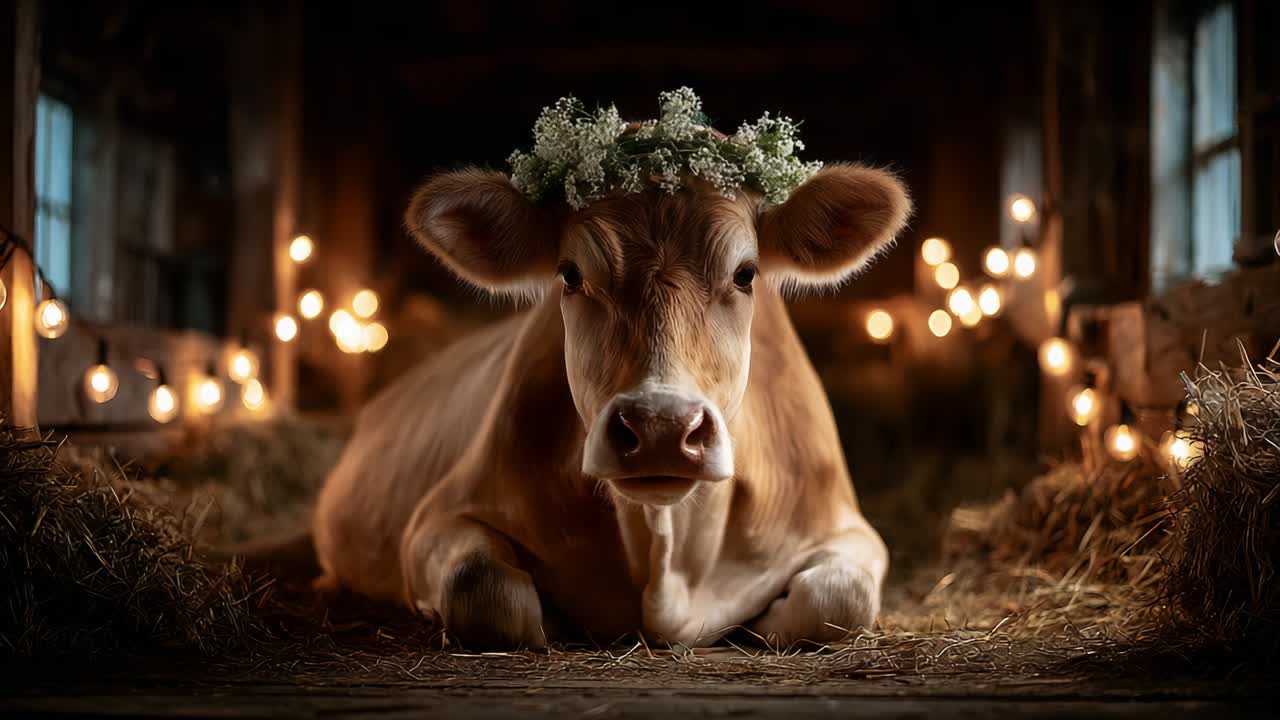 A Charming Cow Adorned with a Floral Crown, Gracefully Relaxing in a Cozy Barn, Illuminated by the Soft Glow of Twinkling Fairy Lights Surrounded by Lush Straw and Warm Rustic Charm