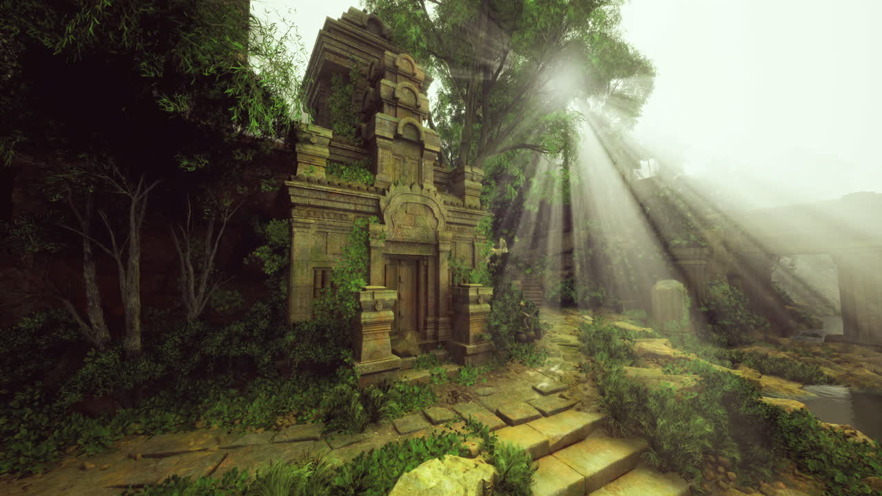 Ancient temple ruins surrounded by lush greenery and sunlight
