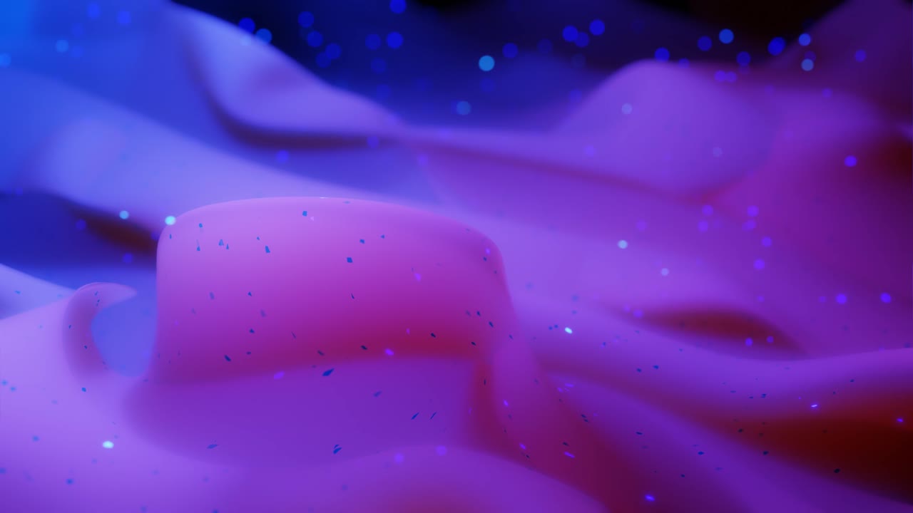 Abstract 3D surface with beautiful waves, luminous sparkles and bright color gradient blue purple. Waves run on matte surface with glow glitter. 4k looped animation