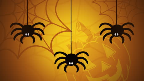 animación de halloween con arañas y calabaza sobre fondo amarillo
