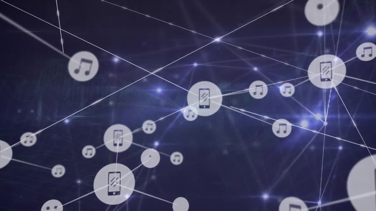 animación de redes de conexiones con iconos sobre fondo negro