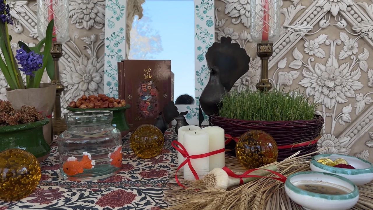 New Year Iranian in garden making Haftsin table bunch of wheat bundle candle mirror sky sumac flower Persian tradition luxury mansion column architecture festive Nowruz celebration Tehran Tajrish