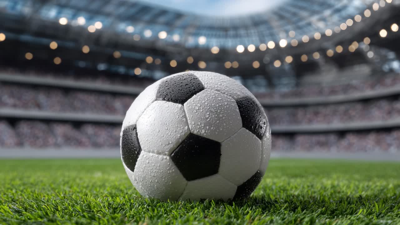Lähikuva märästä jalkapallosta ruoholla kirkkaiden stadionvalojen alla, jossa vangitaan pelin tunteet ja sitä ympäröivä jännitys
