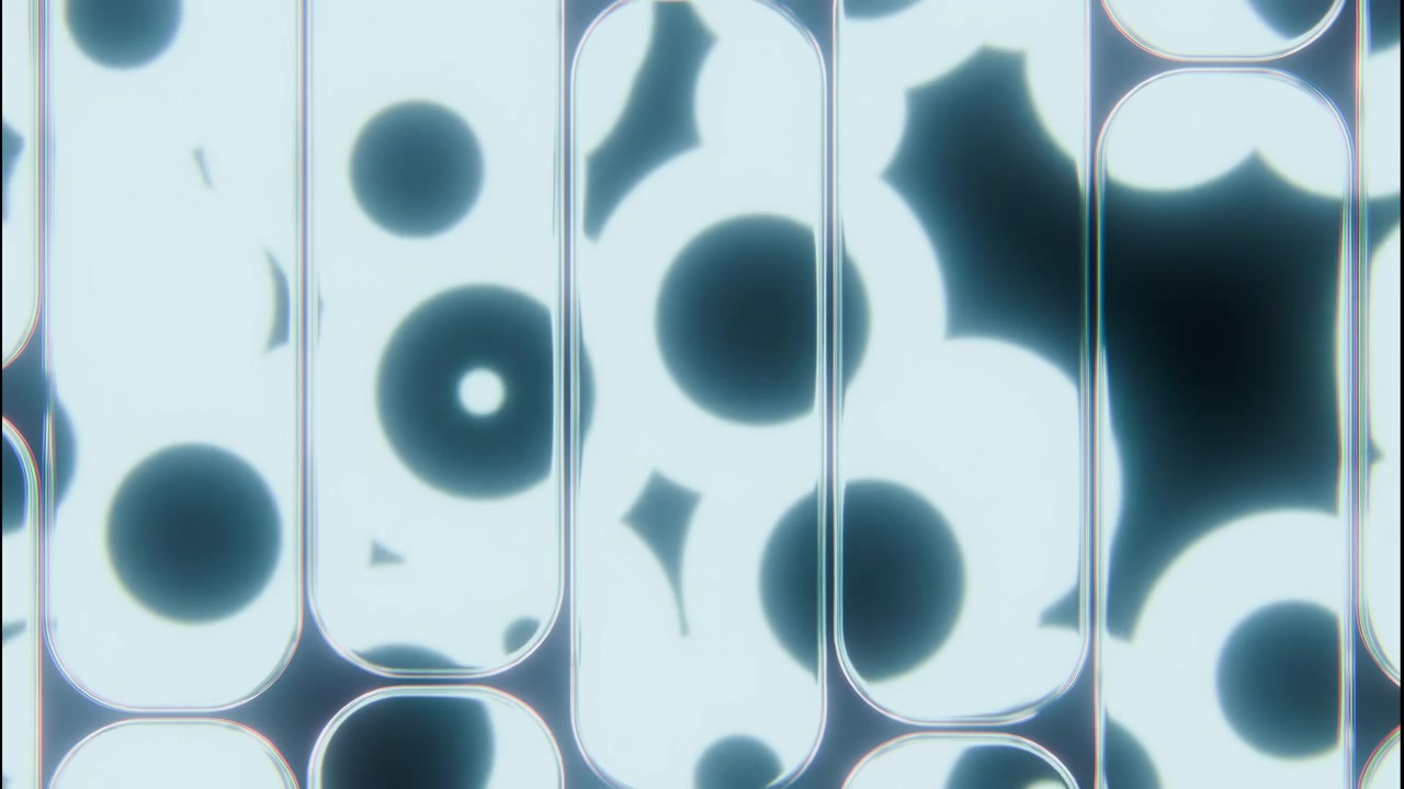Front-facing close-up of parallel vertical rounded-rectangle glass panels over diffuse background of large soft-edged circles and organic blobs, with cool cyan light, glossy reflections, and subtle