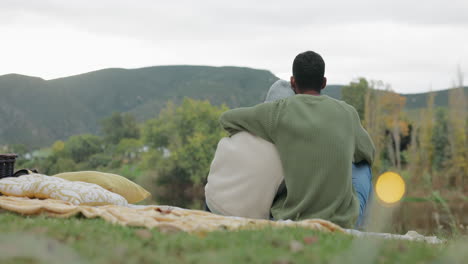 hug, view or couple camping in nature enjoying