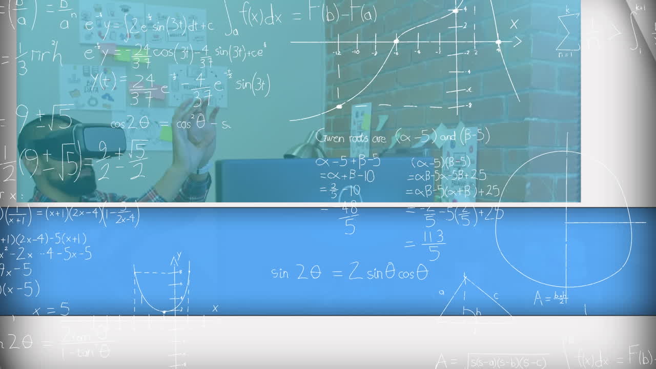 animación de fórmulas matemáticas sobre el hombre de negocios usando auriculares vr
