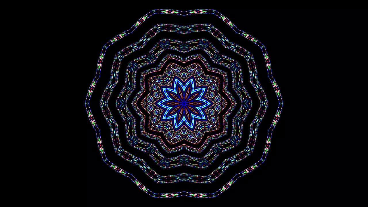 forma redonda animada de luces intermitentes multicolores, sobre un fondo negro