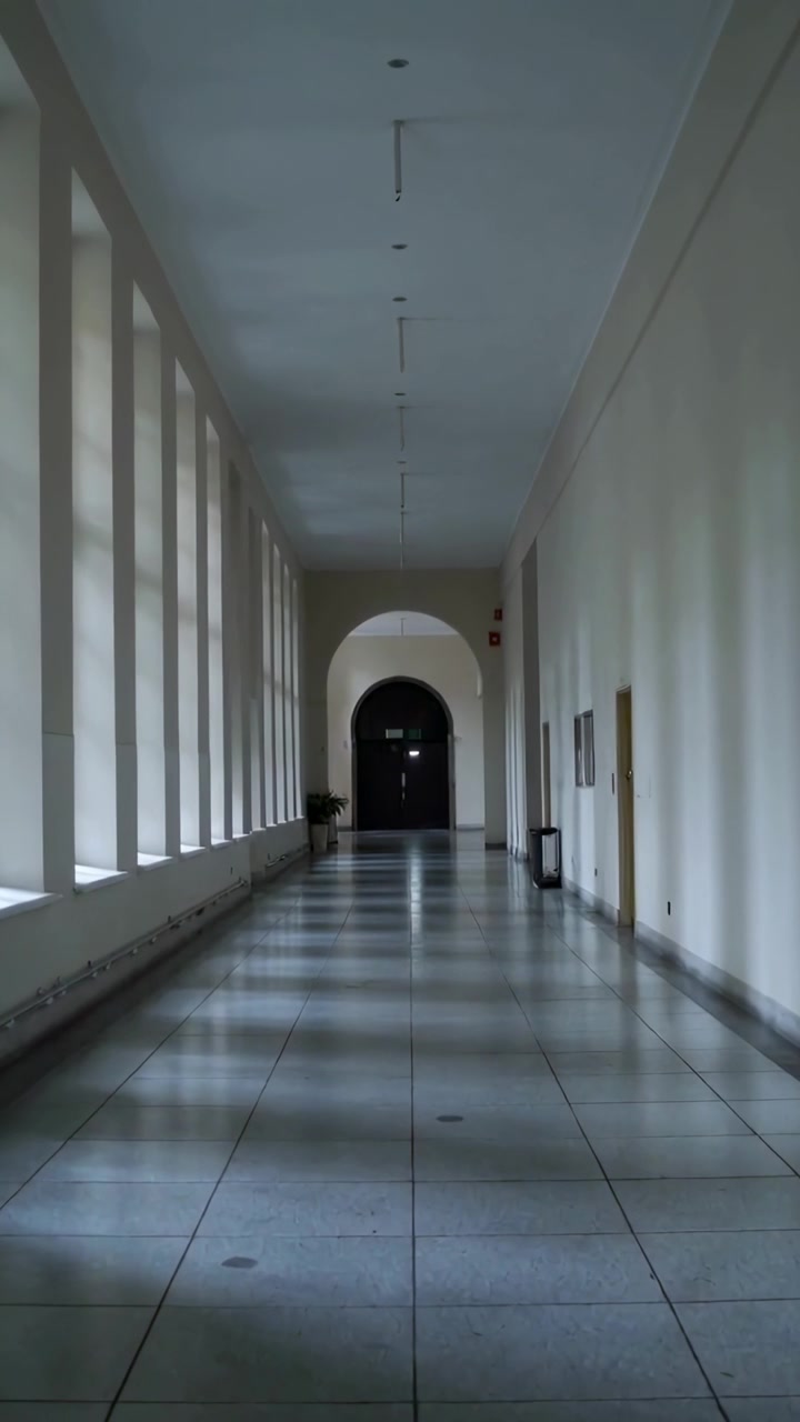Video verticale: Telecamera che si muove in avanti lungo un lungo corridoio in ufficio, mostrando finestre alte e un arco