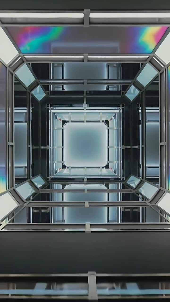 Video verticale: La telecamera si allontana, rivelando un pozzo quadrato nell'atrio, mostrando un pannello illuminato e travi.