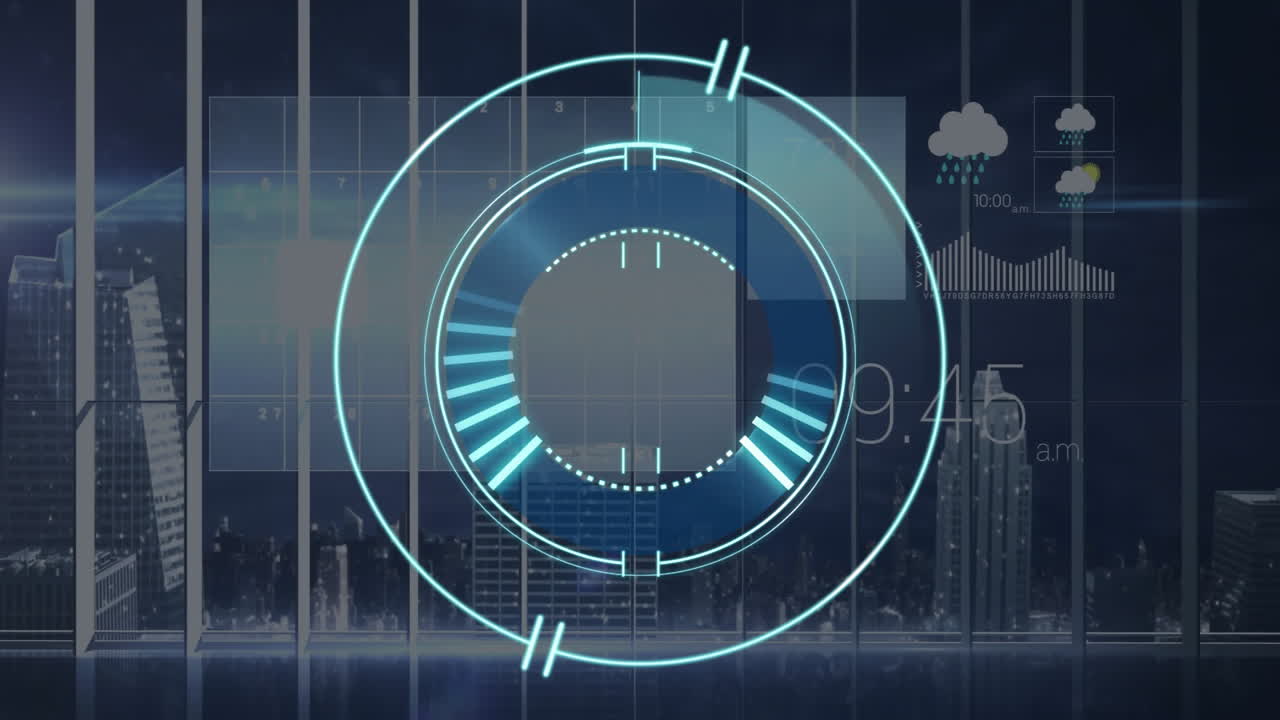 Digital clock and weather forecast animation over cityscape with skyscrapers