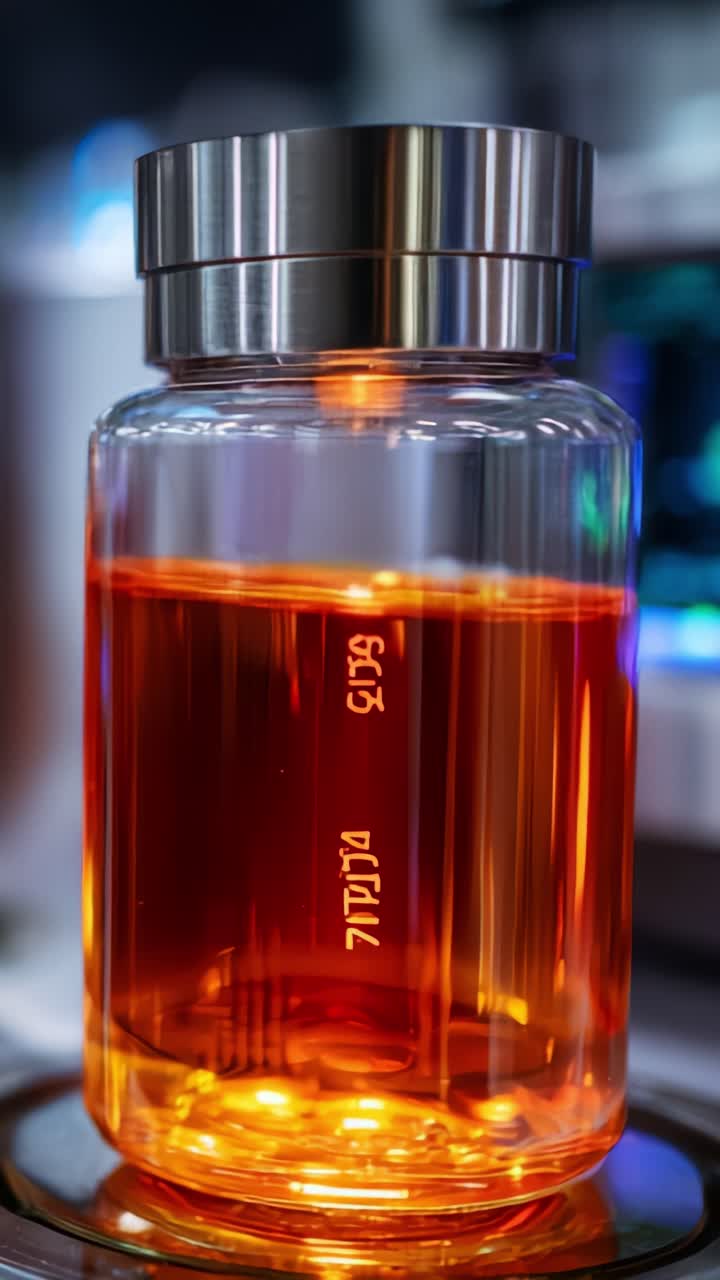 Close-up View of a Transparent Jar Containing Vibrantly Colored Liquid, Showcasing a Modern Design with a Metal Cap and Illuminated Base Features