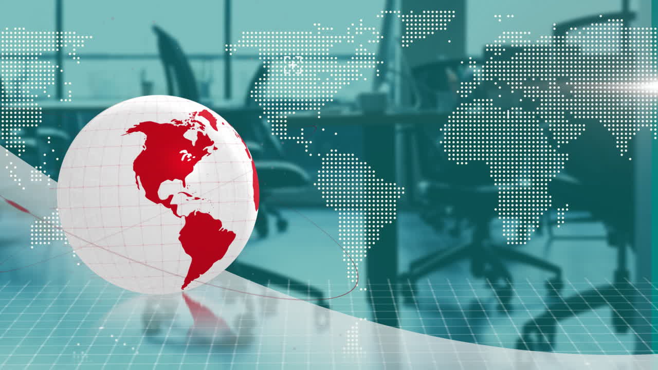 In modern office, animation of globe spinning with red lines over digital map