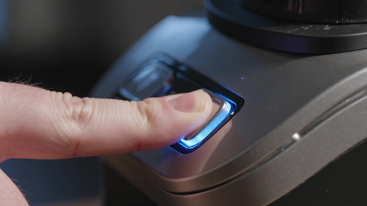 Approaching right fingertip pressing rectangular button on appliance base, activating blue LED glow